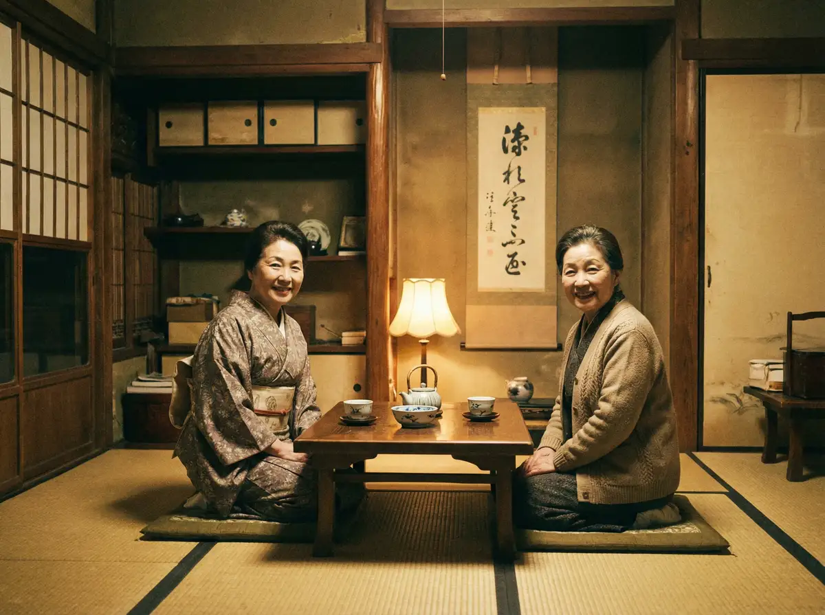 两位优雅的 万博平台 在日式茶室中品茶交谈
